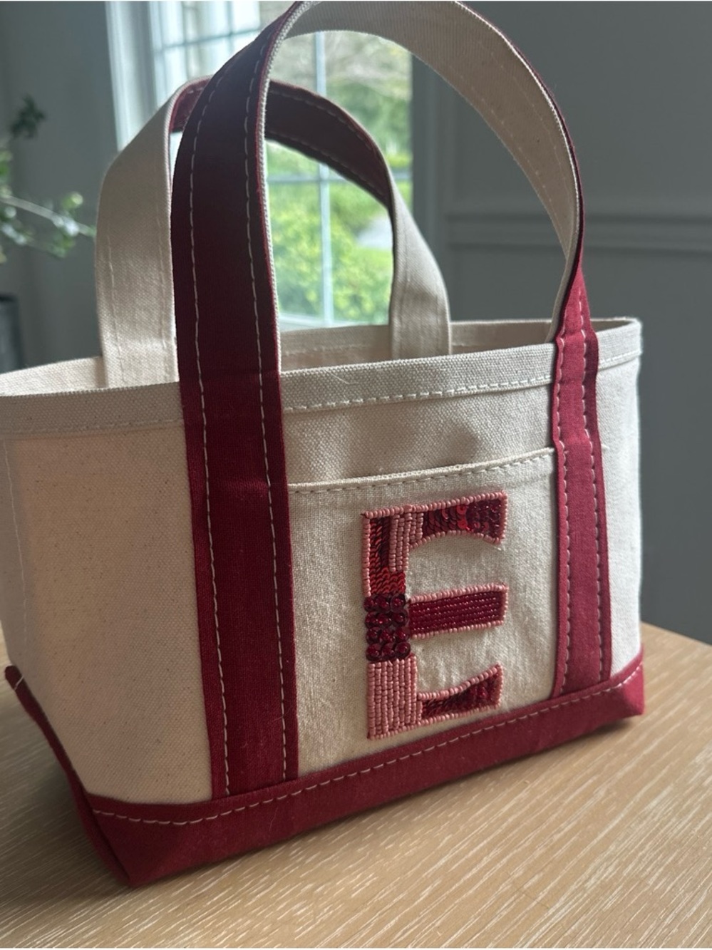 Maeve Cream Canvas Mini Tote with Red-Pink Trim and Embroidered E
